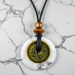 White Howlite & Chinese Lucky Coin Pendant Necklace | Handmade